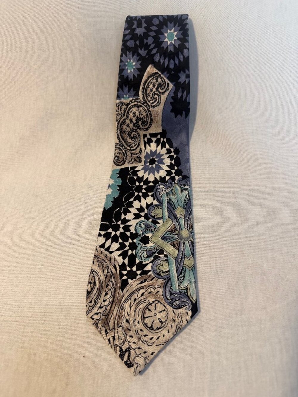 Paul Rodon Couture Silk Tie Blue Geometric Paisley 100% Silk Vintage